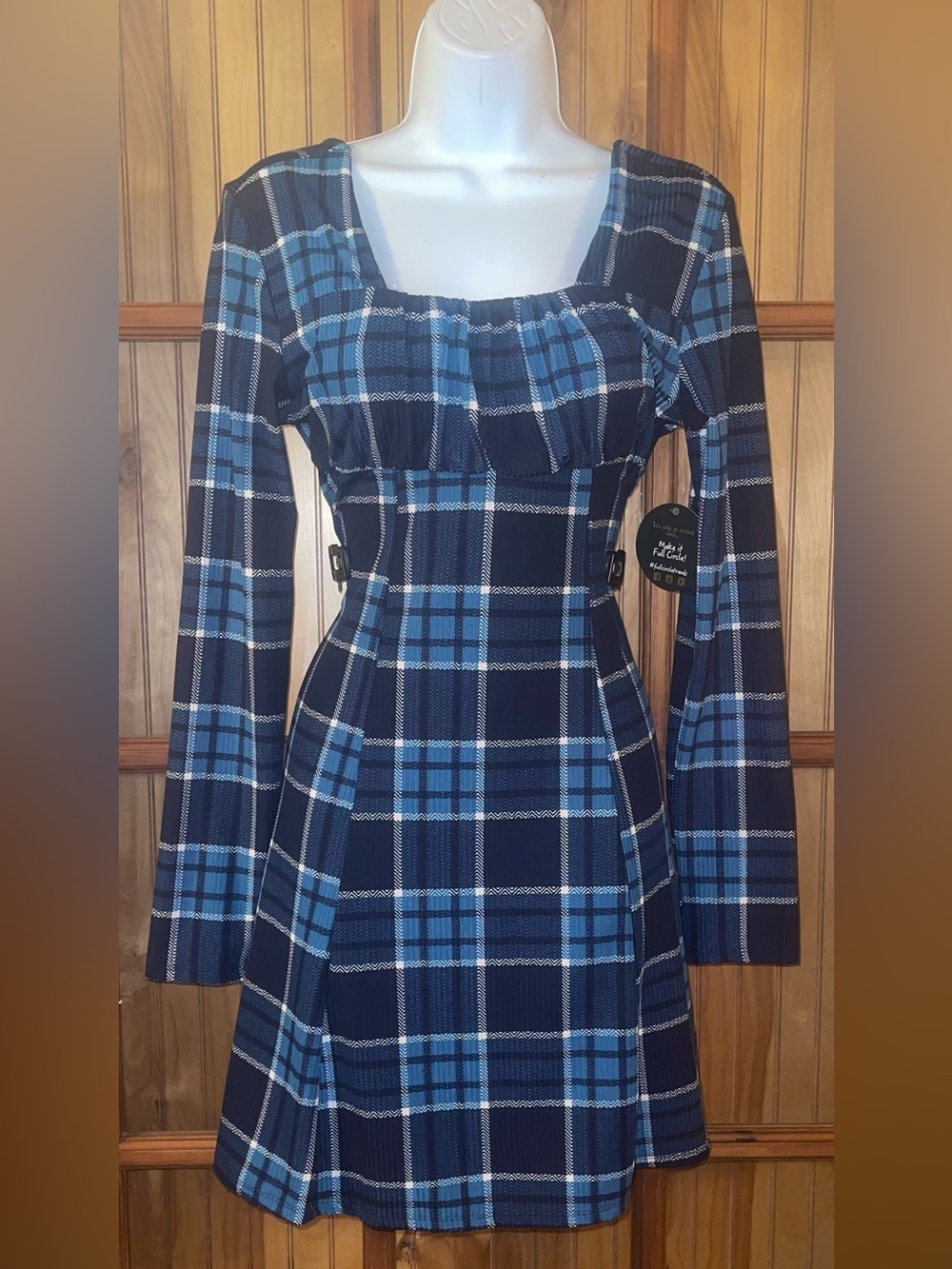 Blue Plaid Long-Sleeve Square Neck Dress